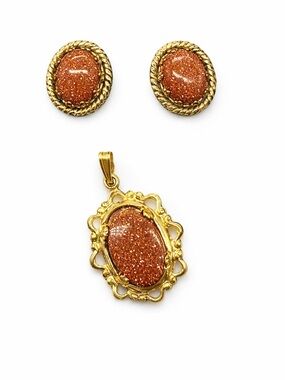 Goldstone Pendant & Matching Earrings Vintage Art Deco Filagree Style Glistening